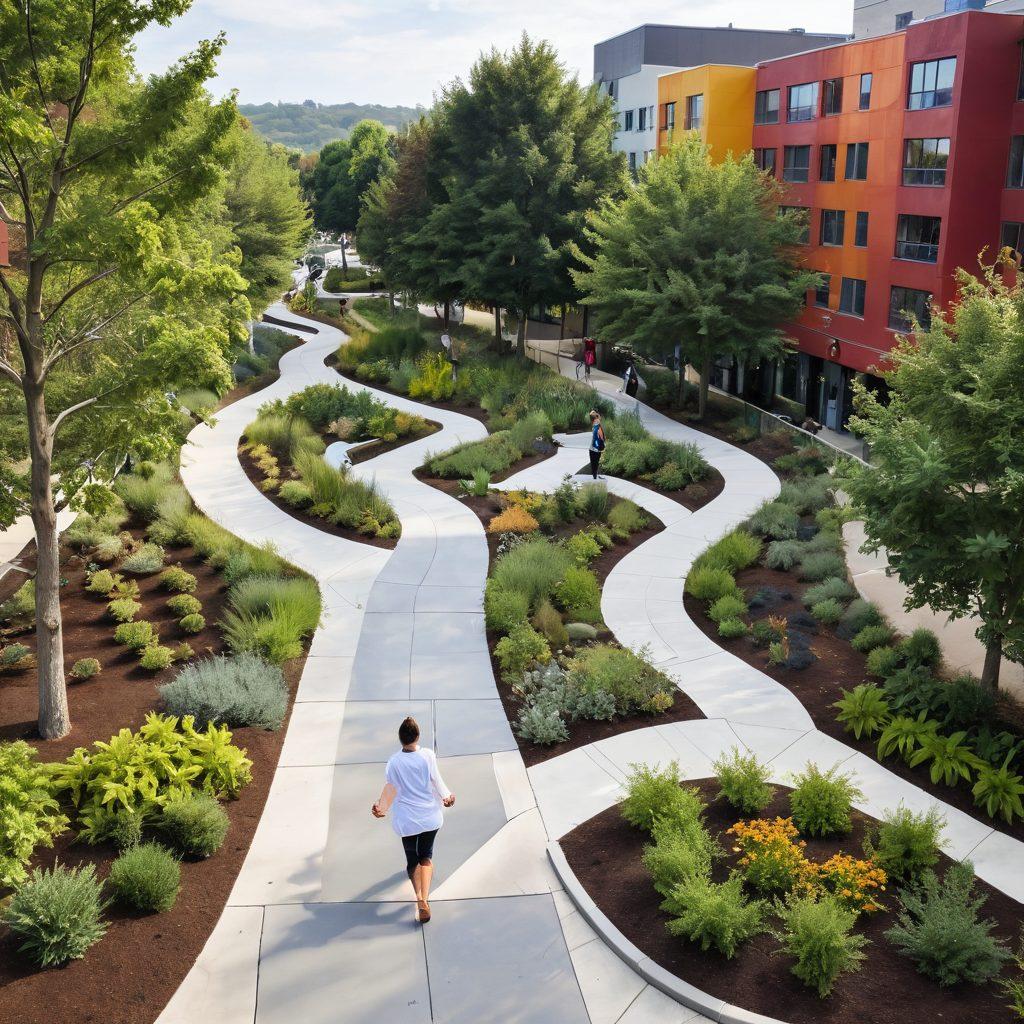 A winding road symbolizing the journey from clinical trials to community support, lined with diverse groups of people engaged in wellness activities, such as yoga, group therapy, and health workshops. The landscape transitions from a hospital setting to a warm, inviting community space, filled with greenery and uplifting murals. Soft, inspiring colors should dominate the scene to evoke a sense of hope and well-being. super-realistic. vibrant colors. white background.