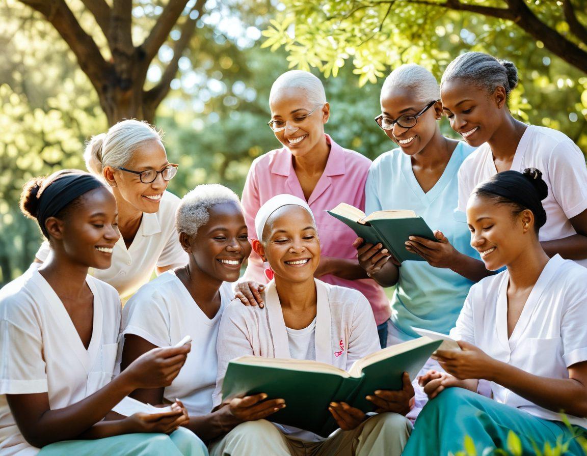 A serene scene depicting a diverse group of cancer survivors sharing stories in a bright, sunlit park, surrounded by lush greenery and blooming flowers. In the foreground, an open book symbolizes knowledge, while soft sunlight filters through the trees, casting warm light on their faces. A gentle breeze carries hope and connection, emphasizing support and empowerment. super-realistic. vibrant colors. soft focus.