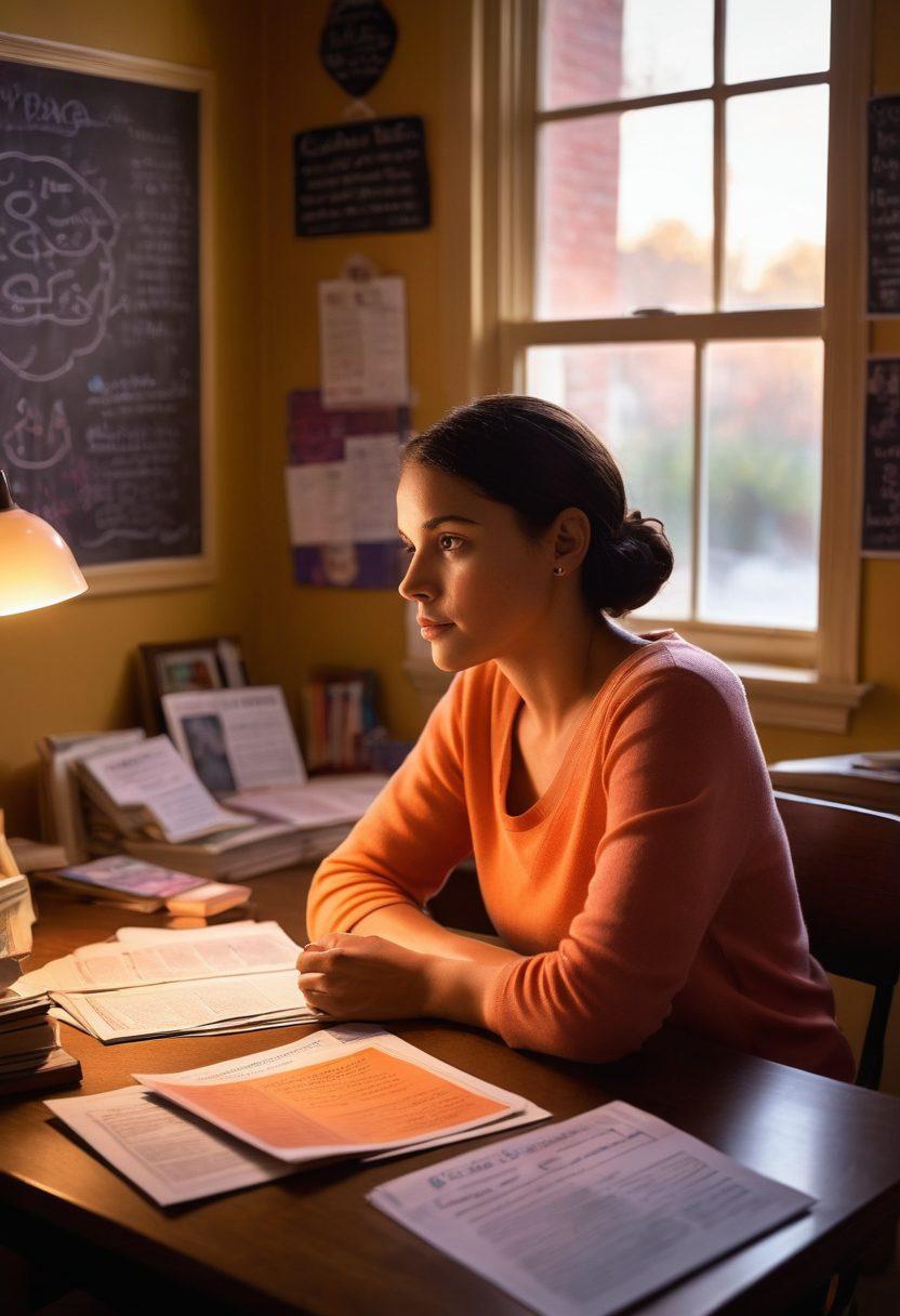 A determined individual sitting at a desk surrounded by educational materials about cancer awareness, such as books and pamphlets. In the background, a chalkboard filled with inspirational quotes and diagrams illustrating cancer prevention methods. Soft, warm lighting highlights the person’s focused expression, with a window showing a hopeful sunrise outside. The scene conveys hope and empowerment through knowledge. super-realistic. vibrant colors. soft lighting.